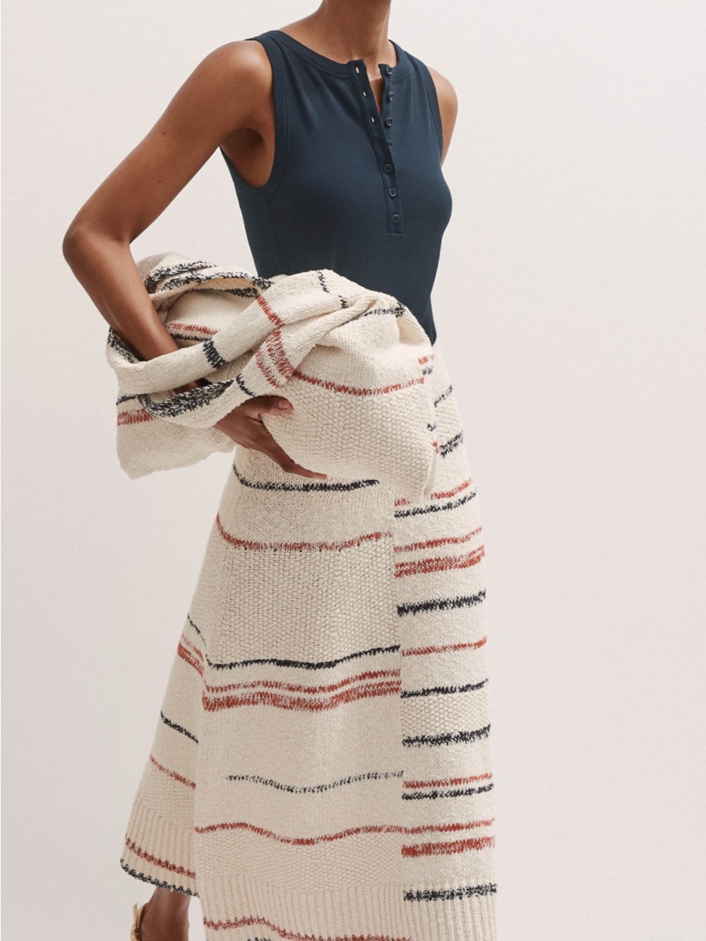 ME+EM Cream Bouclé Midi Skirt with Navy and Red Stripes - Picture 2 of 12